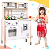 Play-Kitchen-for-Kids with 18 Pcs Toy Food & Cookware Accessories Playset Wooden Chef Pretend Play Set for Toddlers with Real Lights & Sounds