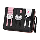 Valentoria Birthday Gifts for Women's Mini Faux Leather Bifold 3 Cat Design Clutch Wallet (Black)