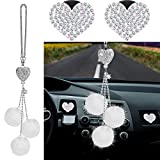 Frienda 3 Pieces Bling Car Mirror Hanging Accessories for Women Heart White Plush Ball Crystal Car Rear View Mirror Charms Diamond Car Accessories White Heart and White Fuzzy Drops