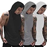 Muscle Killer 3 Pack Men's Workout Hooded Tank Tops Bodybuilding Muscle Cut Off T Shirt Sleeveless Gym Hoodies (Black+Gray+White, Large)