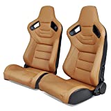 IKON MOTORSPORTS, Universal Racing Seats Pair with Dual Sliders, Brown PU & Carbon Leather Reclinable Left Right
