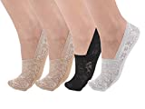 Flammi Women's Lace No Show Liner Socks Non Slip Cotton Bottom 4 Pairs (2 Dark Beige,Black,Grey)