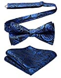 Blue Bow Ties for Men Paisley Pre-Tied Bow Tie and Pocket Square Set Classic Formal Bowties for Wedding Party Adjustable