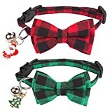ADOGGYGO Christmas Cat Collars Breakaway with Cute Bow Bell - 2 Pack Kitten Collar Red Green Plaid Cat Collar with Removable Bowtie Cat Christmas Collar for Cats Kittens (Red&Green-1)