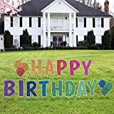 Jumbo Happy birthday yard sign - 21'' inch set of 15 lawn signs with stakes for boys n girls - Sparkly rainbow yard letters and balloons decorations for a colorful outdoor birthday party