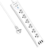 Power Strip Surge Protector,6 AC Outlets Power Strip with 3 USB Charging Ports(3 x 2.4A ),Slide-to-Close Outlet Covers and 5 ft Extension Cord, 1250W/10A, 1200 Joules,for Home, Office and Hotel,White