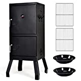 Giantex Outdoor Smoker with Double Doors, 2 Detachable Grill Netting Smoking Racks, Charcoal Pan & Water Pan, 4 Air Vents, Thermometer, Vertical Charcoal Smoker for Barbecue Camping Backyard Grill