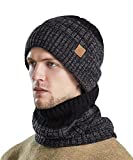 TOTOOSE Winter Knit Beanie Hat Scarf: Warm Cable Fleece Lined Skull Cap Neck Warmer Scarf Set Unisex - Men Women Thick Black Ribbed Cuffed Lining Hats Soft Chunky Beanies