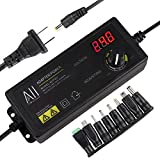 AlloverPower 3V - 24V 1.5A 36W Universal Adjustable DC Power Supply Kit AC Adapter Speed Control Volt Display ON Off Switch with Variable 8 Plugs