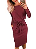 PRETTYGARDEN Women's 2021 Casual Long Sleeve Party Bodycon Sheath Belted Dress with Pockets Wine Red