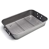 USALLRICH Roaster with Nonstick Rack Bakeware Nonstick Steel Roaster with Flat Rack, 11-Inch x 16-Inch, Blak