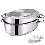 Mr. Right Turkey Roasting Pan, 15 Inch Roasting Pan with Rack, 18/10 Stainless Steel Multi-Use Oval Roaster with Lid, Induction Compatible Dishwasher Safe Oven Safe, 8.5 Quart + 4.2 Qt