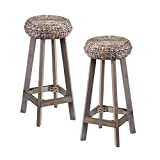 Two 30" Barstools - Round Woven Fiber Seat - Weathered Gray Wood Frame, Grey