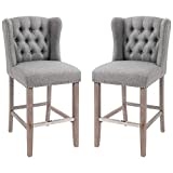 HOMCOM Counter Height Bar Stools Set of 2, Barstools Breakfast Stools with Nailhead-Trim and Tufted Back, Solid Wood Legs, Light Grey