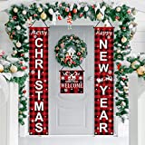 Christmas Porch Decorations Door Banner, Merry Christmas Xmas Outside Decor - MERRY CHRISTMAS HAPPY NEW YEAR - Hanging Sign Cover for Outdoor Indoor Porch Front Door Garage Hoom Welcome Signs Decor