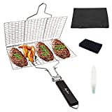 Aliyoham Portable BBQ Grill Basket, 304 Stainless Steel Grilling Basket for Outdoor Grilling, Fish Grill Basket for Steak, Vegetables, Shrimp(with Sauce Brush, Cleaning Brush Carrying Pouch)