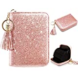 Women's Small Credit Card Wallet RFID Glitter Bling Cute Accordion Card Holder with Zipper Pink