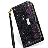 Galaxy S9 Wallet Case for Women,Kudex Luxury Glitter Sparkly Bling Leather Flip Folio Shockproof Magnetic Stand Zipper Purse Wallet Cover with 9 Card Holder Wrist Strap for Samsung Galaxy S9(Black)