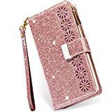iPhone SE 2020 Wallet Case for Women,iPhone 8 Case with Card Holder,Kudex Glitter Sparkly Bling Leather Flip Magnetic Stand Zipper Pocket Case Purse w/ 9 Card Slot Wrist Strap for iPhone 7(Rose Gold)