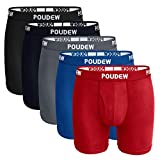 POUDEW Mens Underwear 6 Inches Soft Viscose Boxer Briefs, Tagless Mens Boxer Briefs with Pouch, 5 Pack, Black/Grey/Navy/Blue/Red, Large