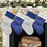Ivenf Christmas Stockings, 4 Pcs 18 inches Blue Silver Faux Silk Quilted Thick Luxury Stockings, for Family Holiday Xmas Fireplace Decorations
