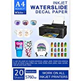 Printers Jack Water Slide Decal Paper Inkjet WHITE 20 Sheets A4 Size Premium Water-Slide Transfer Paper Printable Water Slide Decals for Tumblers, Mugs, Glasses DIY