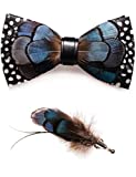 RBOCOTT Blue Leather Feather Handmade Pre-tied Bow tie and Brooch Sets for Men(8)
