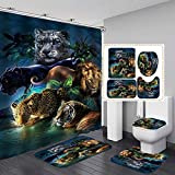 Fashion_Man 4PCS/Set Leopard Lion Tiger Shower Curtain Fabric Polyester Waterproof Bath Curtain and Rug Set Bath Mat Set Bathroom Rugs Toilet Lid Cover Bathroom Decor 72"x72" + 12 Hooks, Style 7