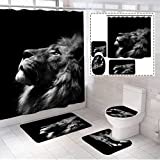 4 Piece Lion Shower Curtains Sets with Non-Slip Rugs, Toilet Lid Cover and Bath Mat, King Leo Bathroom Sets with Shower Curtain and Black Rugs and Accessories