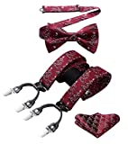 Burgundy Tree Pattern Christmas Bow Tie and Suspenders for Men Handkerchief Holiday Festival Braces Y Shape Bowtie with Pocket Square Set