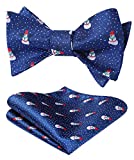 HISDERN Christmas Snowman Bow Tie and Pocket Square Set for Men Holiday Xmas Self Tie Bow Ties with Handkerchief Blue