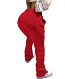 Kafiloe Women Casual Solid Jogger Pants Drawstring Elastic Waist Stacked Sweatpant with Pocket Red S