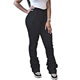 Sedrinuo Women Stacked Pants Drawstring Waist Leggings Ruched Casual Active Sweatpants Black