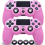 Sofunii 2pcs Pink Skin for PS4 Controller, Anti-Slip Silicone Case Protector Cover with 4 Cat Claw Thumb Grip Caps, Compatible with PS4 Slim/Pro Controller Wireless/Wired Gamepad