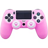 MXRC Silicone Rubber Cover Skin Case x 1 Anti-Slip Studded Dots Customize for PS4/SLIM/PRO Controller x 1(Pink) + Cat Paw Thumb Grips x 2