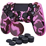 YoRHa Water Transfer Printing Camouflage Silicone Cover Skin Case for Sony PS4/slim/Pro Dualshock 4 Controller x 1(Pink) with Pro Thumb Grips x 8