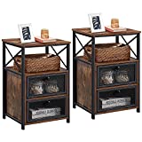 VECELO Modern Nightstand, End Table with flip Drawer and X-Design Side for Bedroom Living Room Office, Easy Assembly,Set of 2,Retro Brown