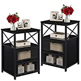 VECELO Nightstands, End Table with flip Drawer and X-Design Side, Night Stand for Living Room Office Bedroom Lounge, Set of 2, A2, Black