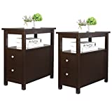 SUPER DEAL Side Tables Upgraded Set of 2 Narrow Sofa End Tables Bedside Nightstand Coffee Table W/ 2 Drawers and Open Storage Shelf for Living Room Bedroom, Espresso