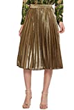 CHARTOU Women's Premium Metallic Shiny Shimmer Accordion Pleated Knee-Length Midi Skirt (Medium, Gold-Knee Length)