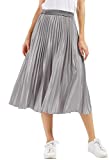 CHARTOU Womens Elastic-Waist Accordion Pleated Metallic Long Party Skirt (Silver, Large)