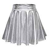 Urban CoCo Women's Shiny Flared Pleated Mini Skater Skirt (M, Silver)