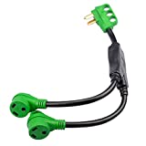 RVGUARD RV Y Adapter Cord 50 Amp 14-50P Male Plug to Two 30 Amp TT-30R Female with LED Power Indicator and Disconnect Handle, Green