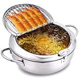 cuomaop,deep Fryer Pot,304 Stainless Steel with Temperature Control and Lid Japanese Style Tempura Fryer Pan Uncoated Fryer Diameter: 9.4"