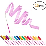 PAMASE 16 Packs Kids Dancing Gymnastics Ribbon Wands, 6'6" Rhythmic Artistic Twirling Ribbons with Non-Slip Handle