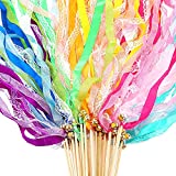 40 Pieces Ribbon Wands Wedding Streamers with Bells, Lace Fairy Stick Wand Party Ribbon Streamers Chromatic Silk Streamers for Party, Birthday and Holiday (Various Colors)