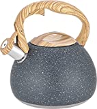 Black Tea Kettle for Stove Top, 3L Stainless Steel Whistling Tea Pot, Light Wooden Pattern Handle with Easy Open Spout Button, Stovetop Fast Heat (Charcoal Black)