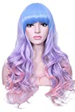 Deifor Long Rainbow Unicorn Wavy Wigs Multi-color Heat Resistant Hair with Blunt Bangs Harajuku Style Cosplay Halloween Wigs(Light Blue/Purple/Pink)