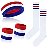 5 Pieces Striped Sweatbands and Striped Socks Set Includes 1 Set Wrist Sweatbands Headbands and 1 Pair High Tube Socks Striped Sports Headbands Set for Men and Women (White, Blue and Red)