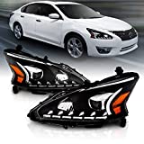 AmeriLite Projector Halogen Headlights LED Bar Style Set For 2013-2015 Nissan Altima 4 Door Sedan - Passenger and Driver Side, Vehicle Light Assembly, Black Housing